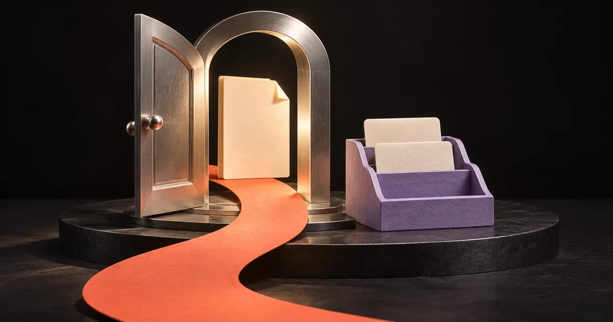 An ivory page passes through an open platinum doorway beside a lilac catalog tray with an empty slot.