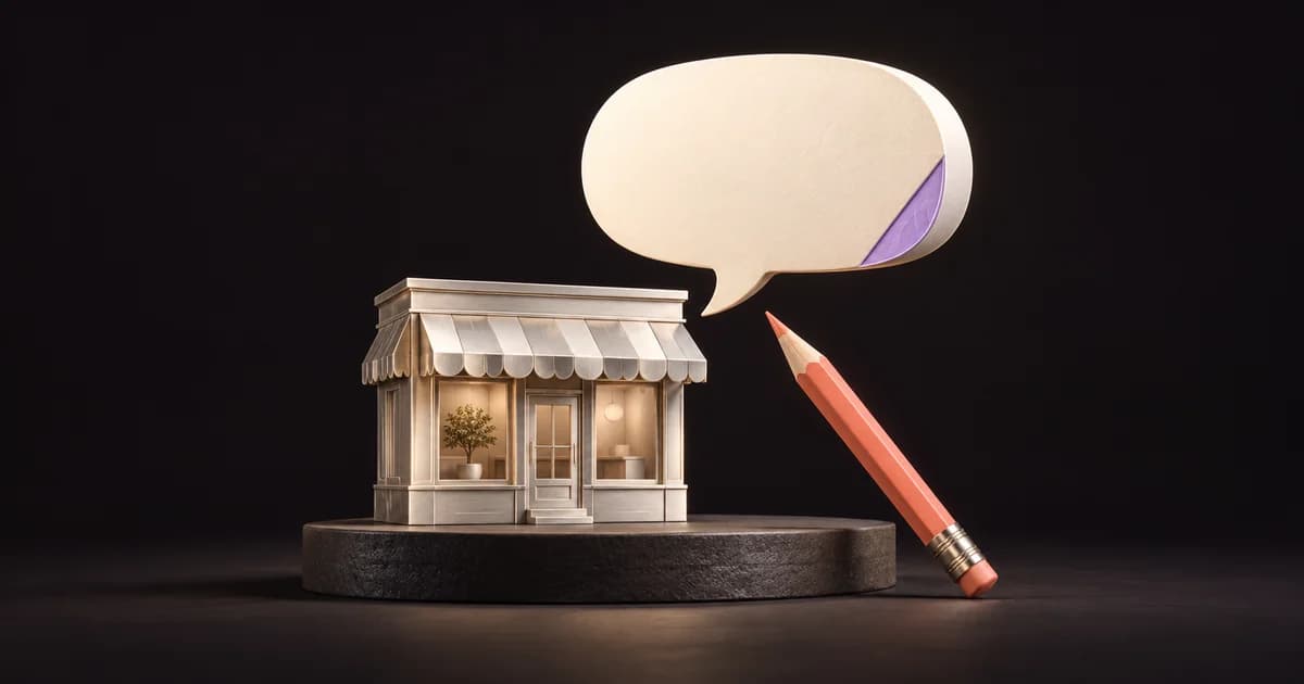 A platinum neighborhood shop, blank ivory speech bubble and coral pencil illustrate describing a local business.
